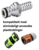 NiTo koblingsnippel med 1/2" slangespids og klikfunktion. Kompatibel med standard plastkoblinger som f.eks. Cobra og Garden.